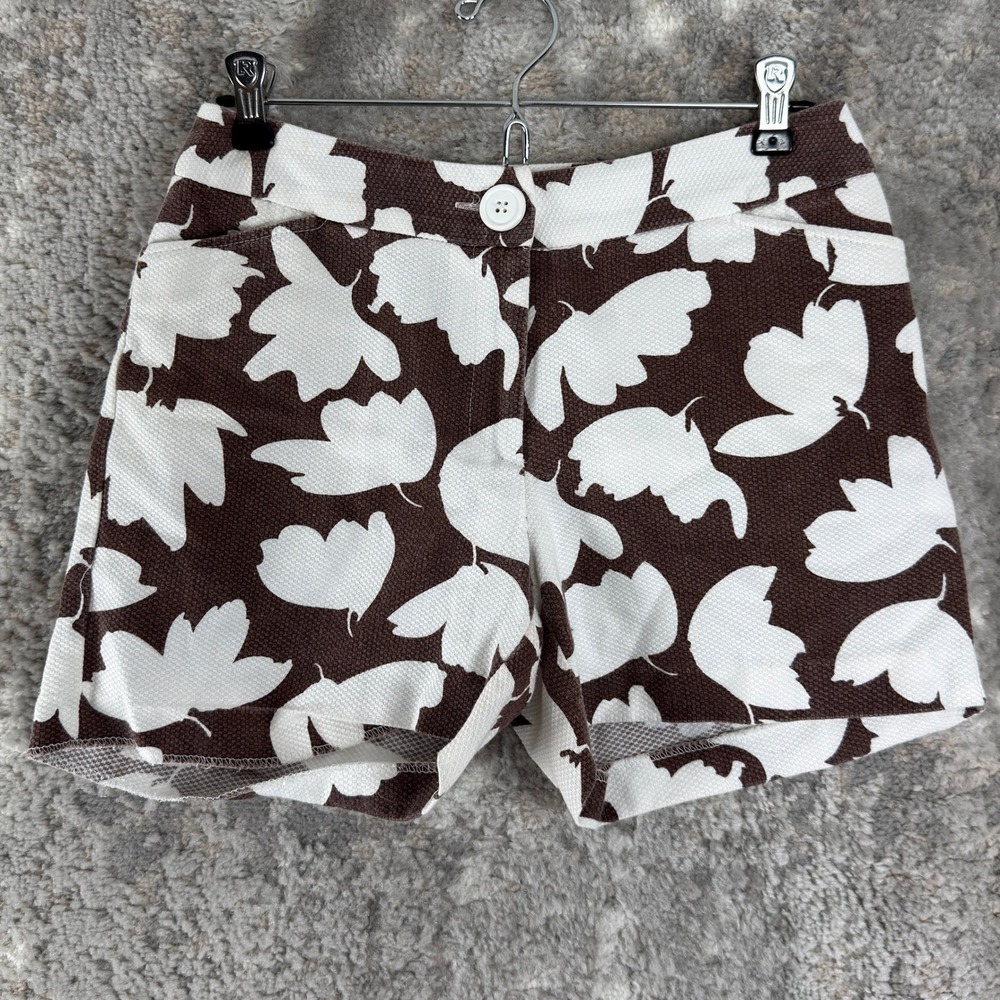 Skirtin Around Size 2 Floral Leaf Print Textured Cotton Shorts Brown White Women